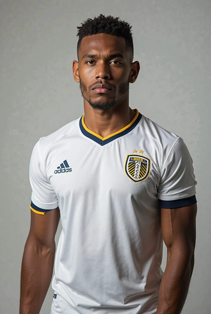 Jogador de futebol com a camisa do paris fc azul e branca, cabelo liso e com luzes