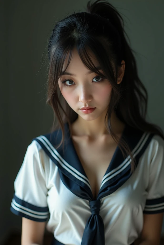 Nsfw, top quality, Photos in RAW format, realistic face, incredibly beautiful girl, Cute, silky, Smooth and shiny hair, Depth of written border, a high resolution, super detailed, extremely detailed eyes and face, Sharp students, Realistic students, Sharp Focus, Cinema Lighting, small, (small breasts:1.2), (slim, , Gentle), thin hips, (slim waist:1.2), Delicate and sexy collarbone, (sailor suit:1.2), (Lifting sailor suit to show off a small Cute bra:1.5)))、