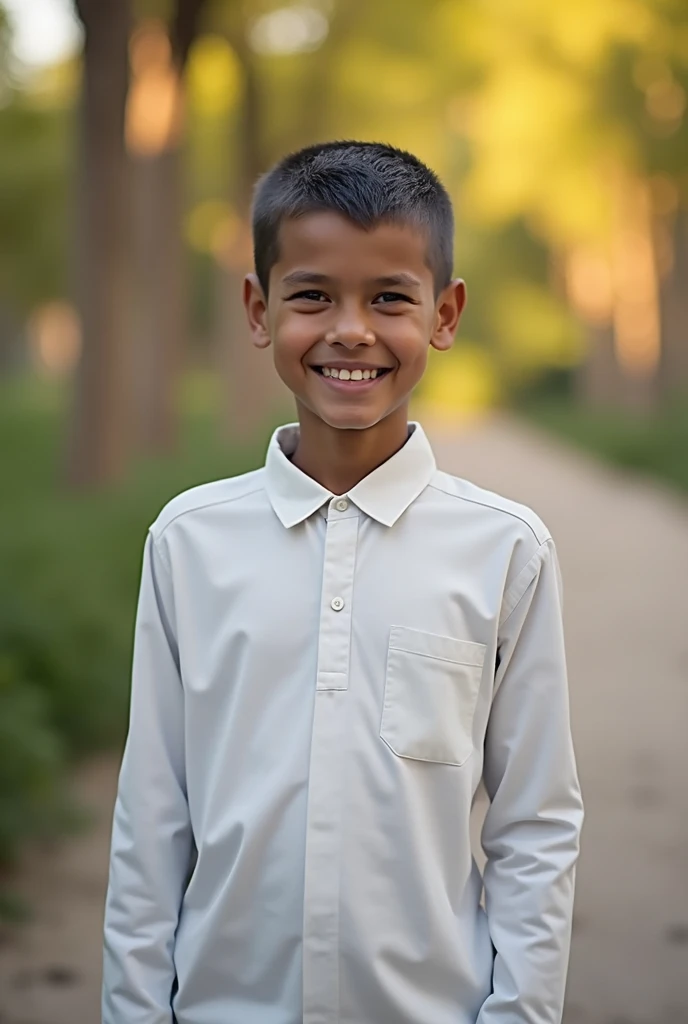 A Boy Scout from the Adventist Church's Adventurers Club, With her burgundy scarf draped proudly, He wears a spotless white shirt and navy blue pants, pronta para explorar, aprender e crescer em valores e aventuras. Her smile sparkles with the promise of discovering the world with courage and dedication.