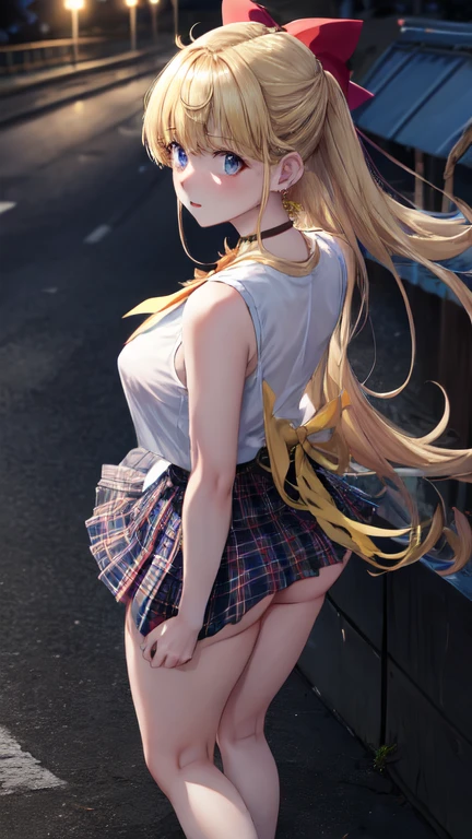 masterpiece,best quality,absurdres,perfect anatomy,1girl,solo,IrysHolo,heterochromia,long hair,halo,Belted Skirt,denim skirt,miniskirt,t-shirt,smile,arms behind back,medium breasts,from below,yellow panties,Belted Skirt