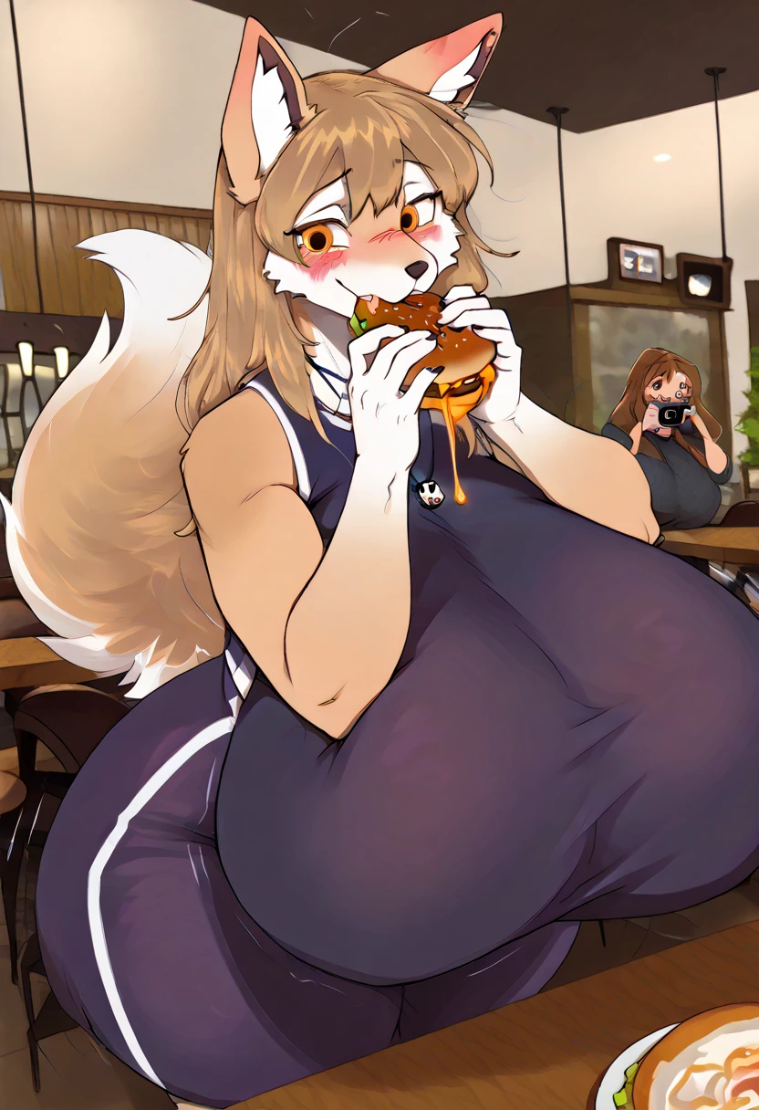 {Side view} a couple of furry young girl and a furry young boy in a treehouse try to endure a blazing heatwave by eating plenty of ice cream (most of which has unfortunately already melted) and drinking lemonade {[girl: giantess, canine, anthro, strong arms, definited muscles, huge booty, huge thighs, wide hips, chubby belly]}, {[boy: canine, anthro, fat, (morbity obesity:1.4) fat legs, fat belly, drinking lemonade by the pitcher, bigger than the couch, fat, fat belly, round belly, stuffed, sitting, hands on belly]} looking each other, barefoot, shorts, underwear, size difference, same age