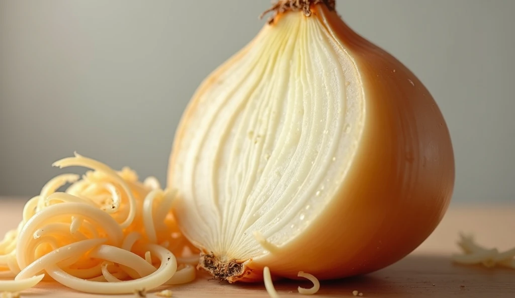 Start with a close-up of an onion being sliced, with a voiceover asking, "Onions are a staple in every kitchen, but have you ever wondered how this common vegetable got the name 'Onion'?"