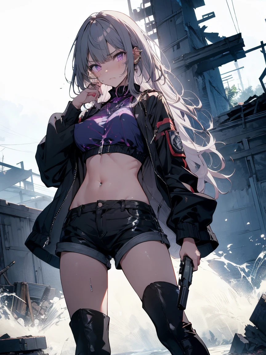 Dynamic posing, dynamic angle,Top quality work,Show Legs,8K, photo image, masterpiece,super resolution ,(long silver hair with purple ends),(purple eyes), lovely red lips, 8K quality, Pale light and shadow, Dindal effect, Very bright white background, 1 girl,lovely red lips, ( only black Cropped strappy top),((Y2k mini denim skirt in vintage dark grey wash, raw frayed hem and low rise waist)), punk boots, (torn pantyhouse), (at the tokyo street),small round chest,full-body view,(building in the background)