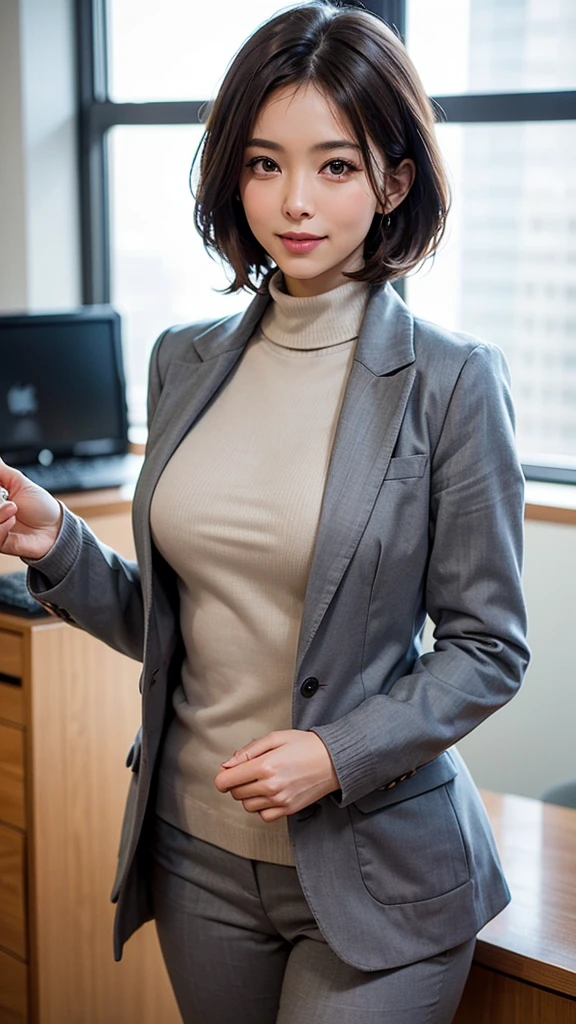 (Top Quality, 8k, 32k, Masterpiece, UHD: 1.2), 1 girl, beautiful Japan woman, thin waist, gray suit, open jacket, office lady, suit, pants, from the front, office, desk, (sticking out the buttocks: 1.2), fine face, short hair,