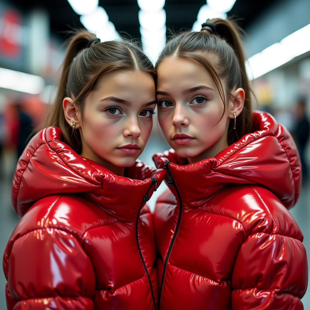 a slim ponytail 16 year old girl and her bestie,beautiful detailed eyes,beautiful freckles,beautiful detailed lips,extremely detailed eyes and face,longeyelashes, wearing beautiful detailed close-hooded formfitting pyrenex overfilled shiny super gleamy super thick glossy puffer jacket covering her super padded skisuit,latex leggings with moon boots,symmetrical,standing in a pufferstore,masterpiece,cinematic,lifelike,hyperrealistic,8k,photorealistic,highly detailed,intricate,exquisite,elegant,beautiful,stunning