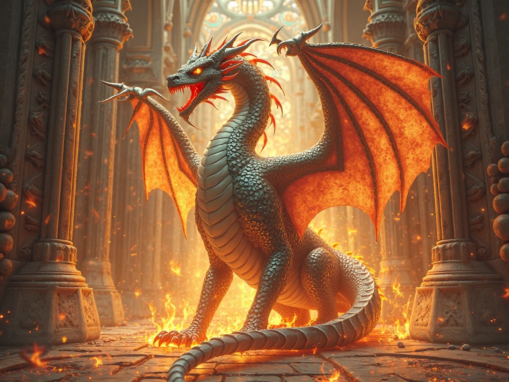 A formidable fire dragon, veins of heat glowing in its wings, ensnared in the intricate pathways of an aged maze. Key features: Legendary creature from a fantasy film, labyrinth setting, scales shimmering with incandescent light. Key phrases: larger-than-life, low fidelity, warm tones, high saturation, motion blur, wide lens angle, cinematic aura, dramatic shadows, golden ratio,