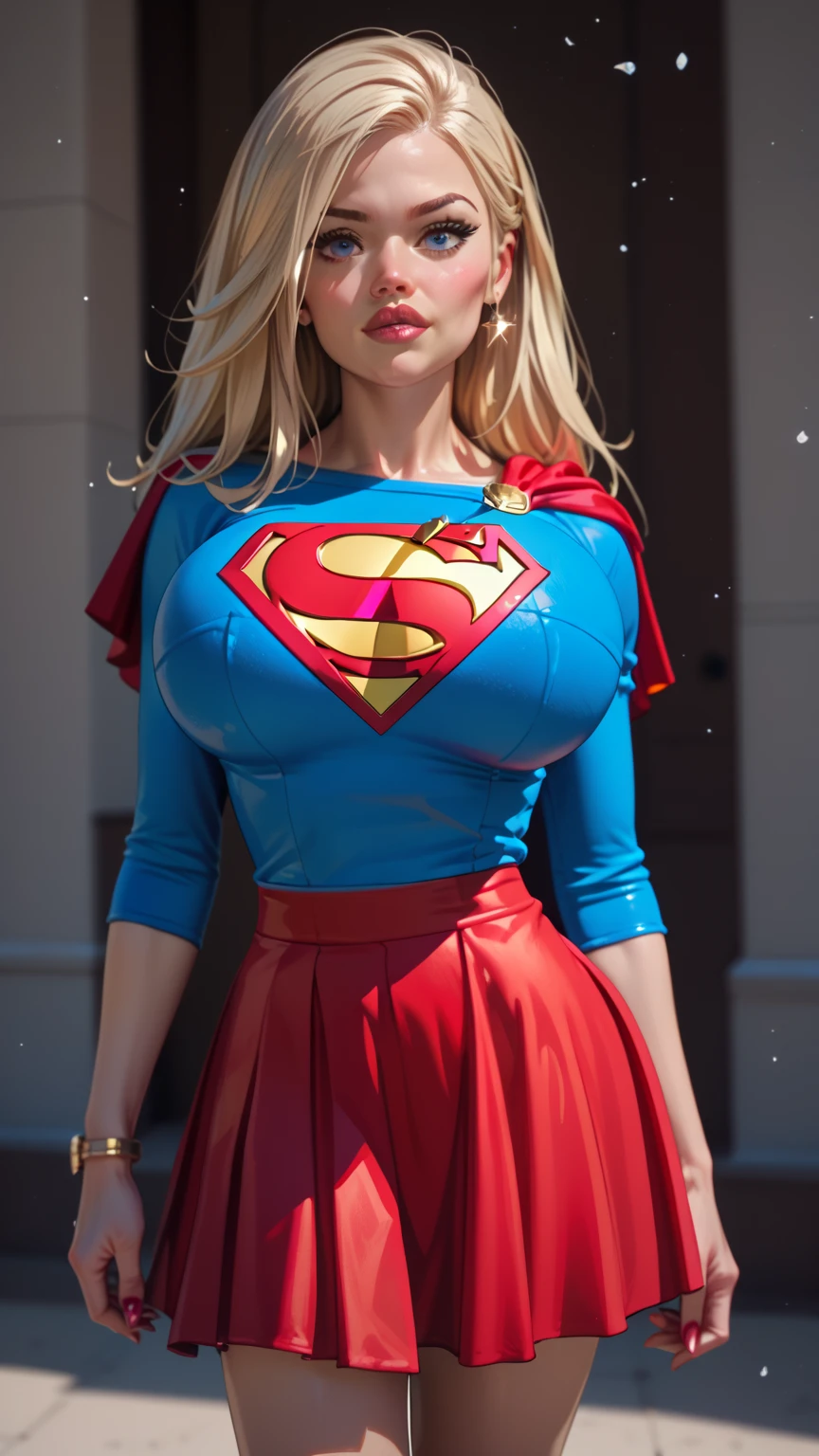 4k, realistic, charismatic, very detailed, there is a girl in the sky, dressed in a super girl costume, she is a super girl, superhero theme, blonde short hair, ponytail, 20 years, full body, (detail in the eyes), (detail in the face), incredibly beautiful, blue eyes, blush, makeup, red lipstick, miniskirt, (wide hips),  (thick thighs), small breasts, dress,, seductive pose, (extreme hourglass figure), thin, svelte, white skirt, boots, tight t-shirt
