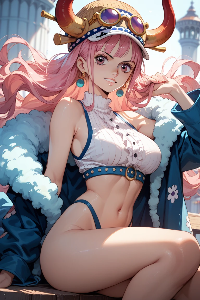 ((1 girls), solo, clevage, Big round breasts, trendy, stylish, clevage, thighs, hips, realistic, pink hair, blonde hair, light green eyes, lip gloss, detailed face, amazing big eyes, eye details, big lips, eyebrow details, blush, smirk, naughty, mischevious face, HD, good quality, bedroom, robe