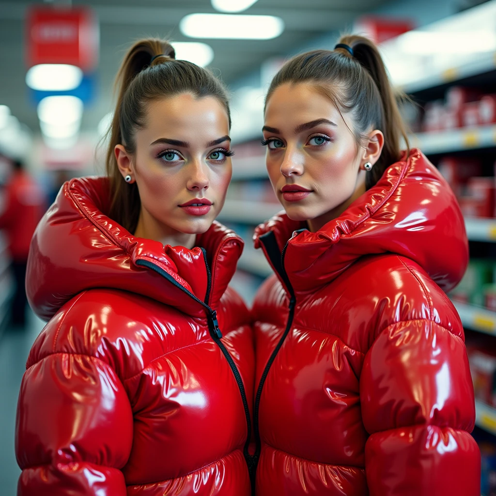 a slim ponytail 16 year old girl and her bestie,beautiful detailed eyes,beautiful freckles,beautiful detailed lips,extremely detailed eyes and face,longeyelashes, wearing beautiful detailed shut hooded formfitting duvetica overfilled shiny super gleamy super thick glossy puffer jacket covering her super padded skisuit,latex leggings,symmetrical,standing in a pufferstore,masterpiece,cinematic,lifelike,hyperrealistic,8k,photorealistic,highly detailed,intricate,exquisite,elegant,beautiful,stunning