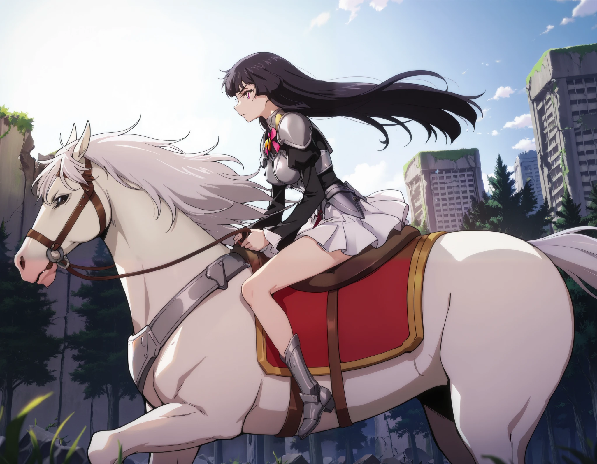  (masterpiece:1.3), (8K, best quality:1.3),, Highest image quality, intricate details, high resolution, depth field, Natural light, professional lighting, anime coloring, from side, BREAK, kisyu, riding, large horse, both hand holding rein, (a female knight riding a horse in forest city ruins full of moses, ((( kjosakuya, pink eyes, hime cut, long hair, {black hair}, medium breast]), (silver armor, silver shoulder pads, black sleeves, white miniskirt, gauntlet, gloves, bare legs, silver greaves)), ([white horse:1.2, white mane, long mane, black eyes, white tail, saddle, reins, bridle, stirrups, running), BREAK (forest, city ruins, walls covered with green moses, moses, fantasy settings:1, daylight), BREAK solo, anatomically correct