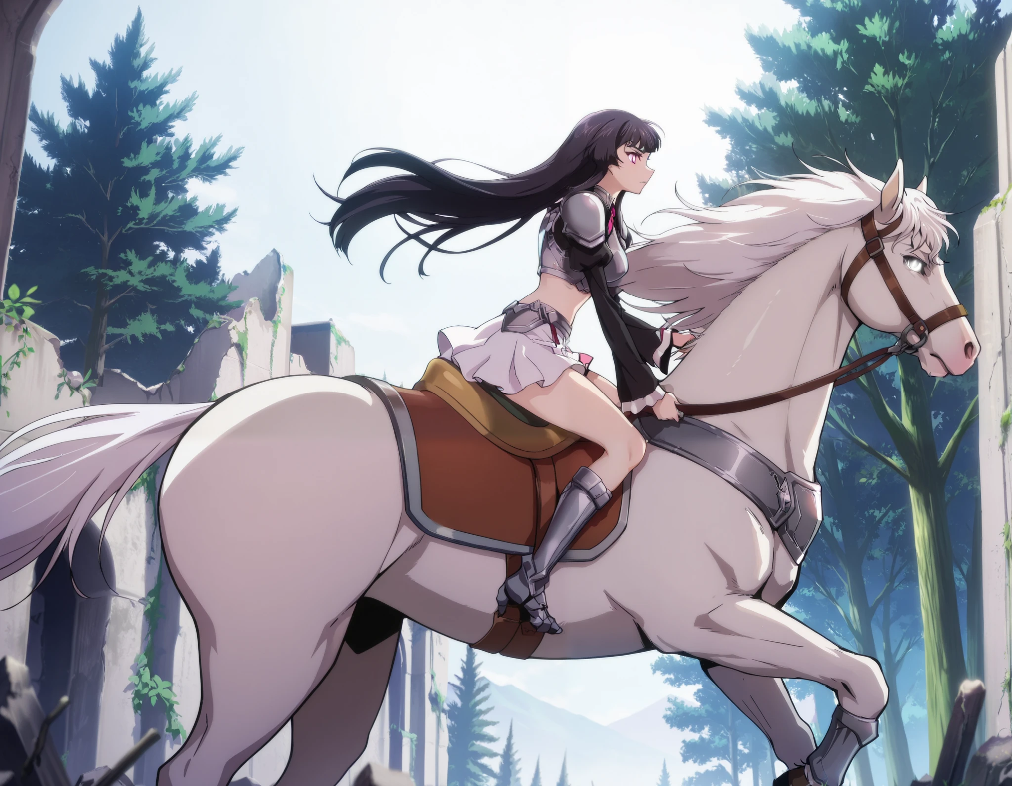  (masterpiece:1.3), (8K, best quality:1.3),, Highest image quality, intricate details, high resolution, depth field, Natural light, professional lighting, anime coloring, from side, BREAK, kisyu, riding, large horse, both hand holding rein, (a female knight riding a horse in forest city ruins full of moses, ((( kjosakuya, pink eyes, hime cut, long hair, {black hair}, medium breast]), (silver armor, silver shoulder pads, black sleeves, white miniskirt, gauntlet, gloves, bare legs, silver greaves)), ([white horse:1.2, white mane, long mane, white eyes, white tail, saddle, reins, bridle, stirrups, running), BREAK (forest, city ruins, walls covered with green moses, moses, fantasy settings:1, daylight), BREAK solo, anatomically correct