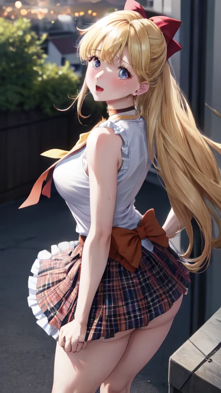 masterpiece, best quality, super detailed, beautiful detailed face, intricate details, flat color, depth of field, outline, overall view, camera far away, girl, standing far, teenager, anime, standing, standing upright, full-length, visible at full height, wide stance, (legs wide apart:1.4), (fighting stance:1.7), looking at the viewer, (village:1), nature, (blonde:1.6), (twintails:1.5), red pleated miniskirt,  red skirt, white shirt, white shirt, unbuttoned top buttons, unbuttoned shirt, white blouse, (without bra:1.1), plunging neckline, black tights, detailed leather texture, detailed fabric texture, huge breasts, (blue eyes:1,1), (ruddy:1), (dissatisfied:1.4), (angry:1.3), (furious:1.6), (frowned:1.2)