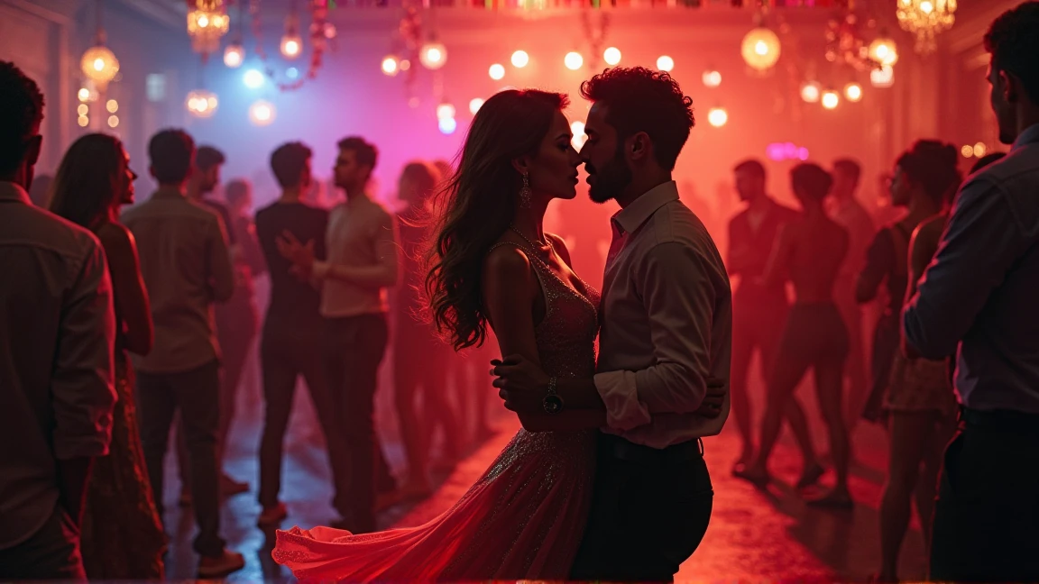 I want a special photo where the salsa music is captured, a couple dancing salsa with lots of colors in the background 
