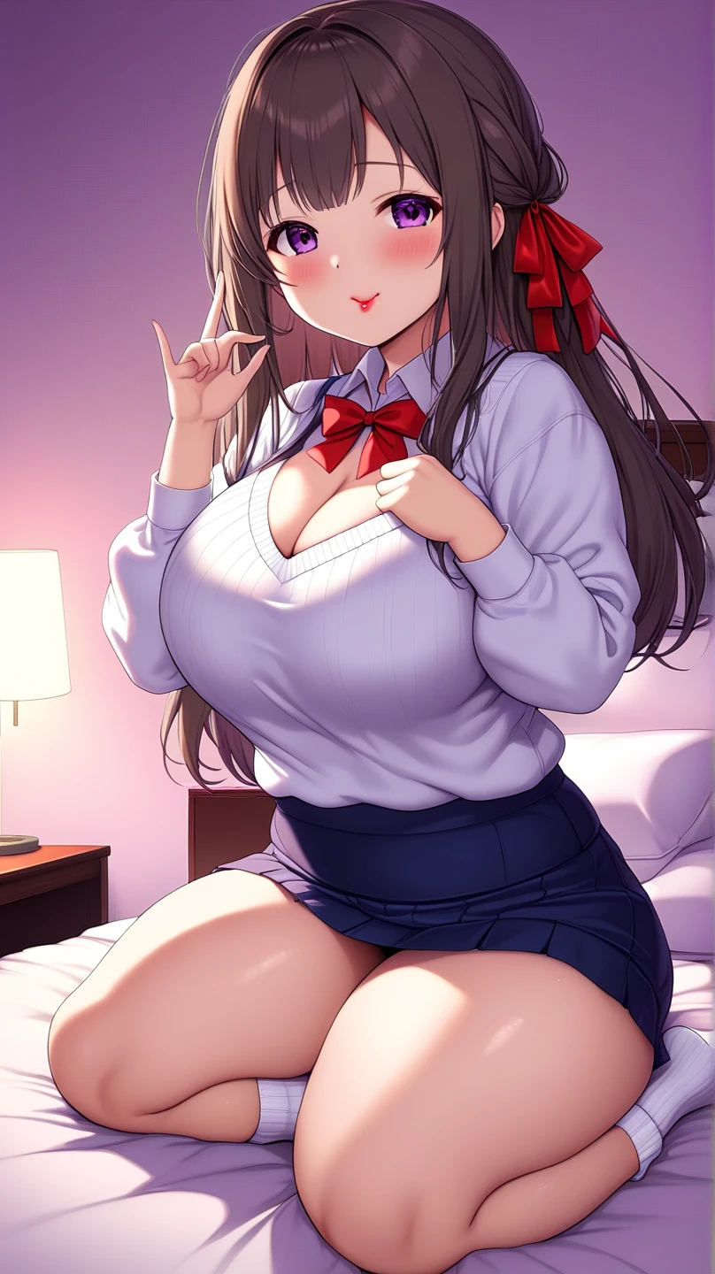 big lips, brown hair, pink eyes, japanese face, gyaru, two side up, huge breasts, wide hips, sexy, pink theme, kawaii, detailed, pink room, decora, bangs, grin, gyaru outfit, kawaii, pleated skirt, punk, goth, pink and black outfit, plaid skirt, punk shirt, choker