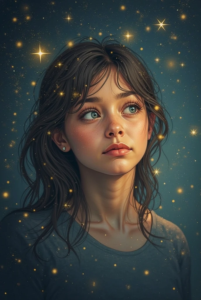 (best quality, master part), 1girl, Posar, particuls, vento, flor, parte superior do corpo, fundo simples, looking up at the audience, louro, milky ways, aesthetic