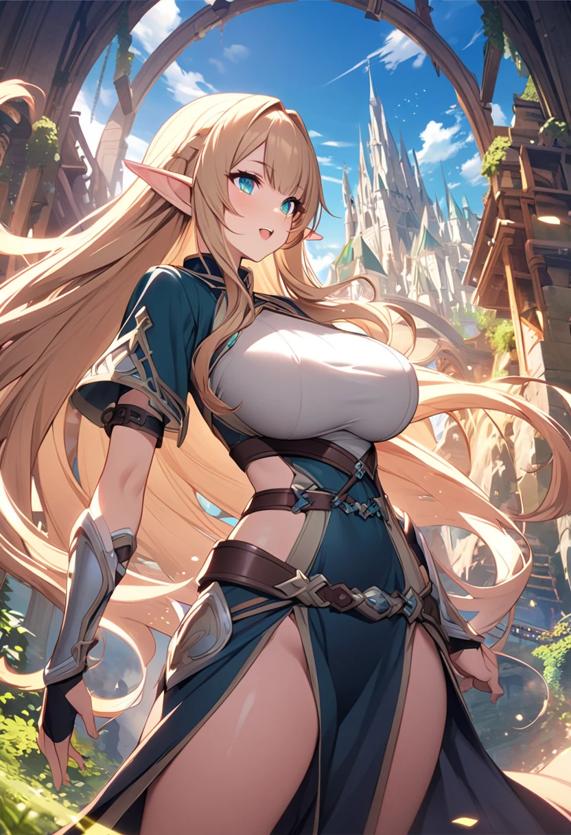 (Just one person) Features: A adventurer, fair-skinned elven woman, with elven ears, a curvy body, a thin waist and very large large bust. She has big sapphire blues eyes. Her hair is long blonde wolfcut style and half up half down with long curtain bangs and side bangs. Her expression is neutral. Outfit: She wears a adventurer's brown leather over-the-knee boots with laces, adventurer's brown gloves with straps that reach the elbow, a brown leather strap with ties, a very short black skirt, a low-cut green shirt with ruffles at the neckline and at the ends of the short sleeves and a necklace with a greenish diamond pendant. Setting: The place around her is a pine forest with light green leaves. The terrain has large gray stones and green grass.
