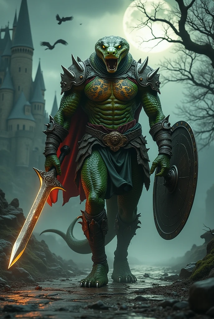 snake man wearing armor holding sword dark warrior
yellow eyes sharp teeth