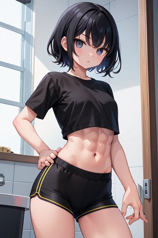 masterpiece, best quality, ultra detailed, ultra high resolution, very detailed face, solo, ((anime)),  girl, (((bikini))), ((black short hair)), (((medium breast))), (six pack abs:1.2), ((little smile)), forward leaning posture, in the room