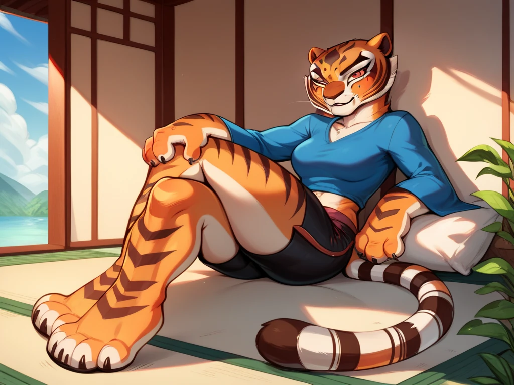 by Homogenousrule, by Wildering, by Foxovh, by Catcouch,
solo, tiger, orange fur, striped, anthro, (cartoon)
(sitting, half-length portrait, three-quarter view, looking at viewer)