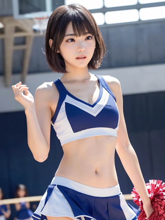 ( girl:1.3), short-hair, Amazing face and eyes, Looking at the camera, Smile full of joy、show teeth、Raise your hands high、Show the armpits、(Bull Cheerleader:1.2)、Wear sneakers、Best Quality:1.4, extremely detailed CG unified 8k wallpaper, Highly detailed, High-definition raw color photos, professional photograpy, Photographed at the stadium at night、Realistic full-body shots, sexy portrait of girl