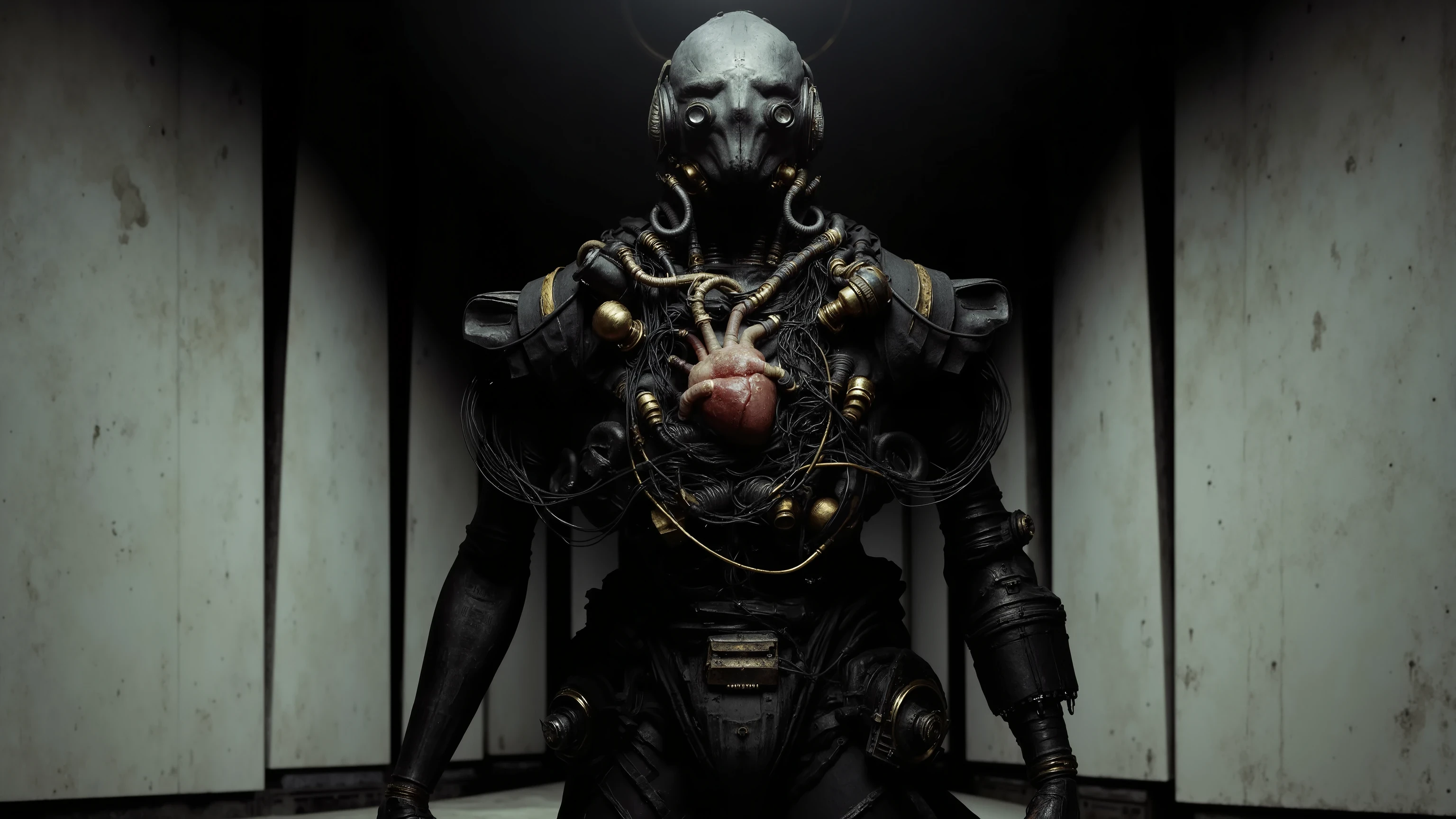 The body armor has black pipes and golden circuit textures,The image is a concept art piece that appears to be highly detailed and sharp. It showcases a humanoid figure made of intricate mechanical parts with a prominent heart visible in the center. The figure seems to be made of metal and wires with various tubes and components intertwined. The background is dark putting emphasis on the figure. The medium appears to resemble a digital painting or a highly detailed illustration rather than a photograph or traditional art forms. Science Fiction,metal texture,大Wide-angle composition。A sense of emptiness in the scene,Sacred,The scene has two huge rows of white square columns,There are many circuit textures on the columns, Grid light and shadow,Pillars soar into the clouds,There is a golden ring shining in the sky,on the body creates a sense of depth and perspective, Dark Tones,Film composition ,Wide-angle composition,Movie lighting ,Art by Piotr Jabłoński,drk4rt,Billie Eilish