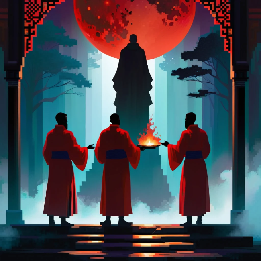 (graphic novel style, dark novel style, comic style, 2d:1.5), (hyperrealism, masterpiece:1.4), (colourful, soft cinematic light:1.1), incredibly lifelike, Extremely high-resolution details, 8k, blood dripping, many dead monks in kashaya (lies) with their eyes closed in a blood, blood everywhere, night, outside a Buddhist temple, fire, blood, bald, lying on their backs, the monks lie bleeding,