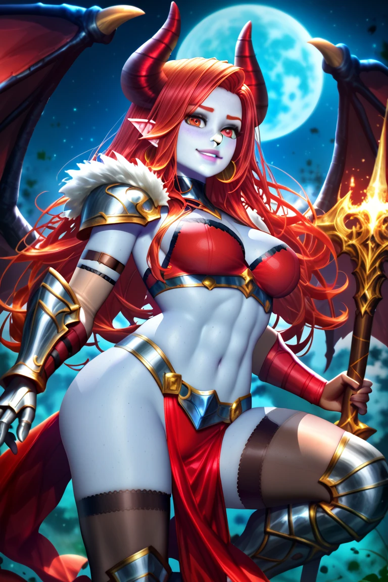 Alastair, demon, female, red hair, long hair, large smile, glowing red eyes, red eyes, yellow teeth, large chest, red vest, cleavage, boob window, red skirt(skin tight), red combat boots, thicc thighs, red cane, 