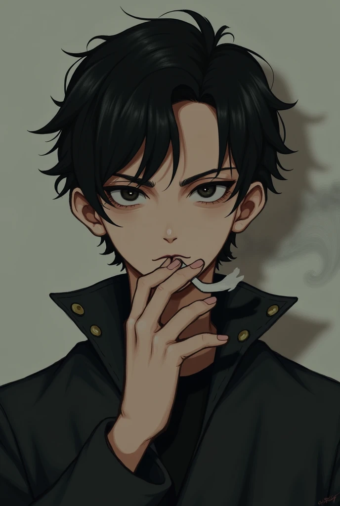 A 26 years frictional anime boy
with black hair and black
eyes with smoking cigarette and masculine jawline and wear a black overcoat