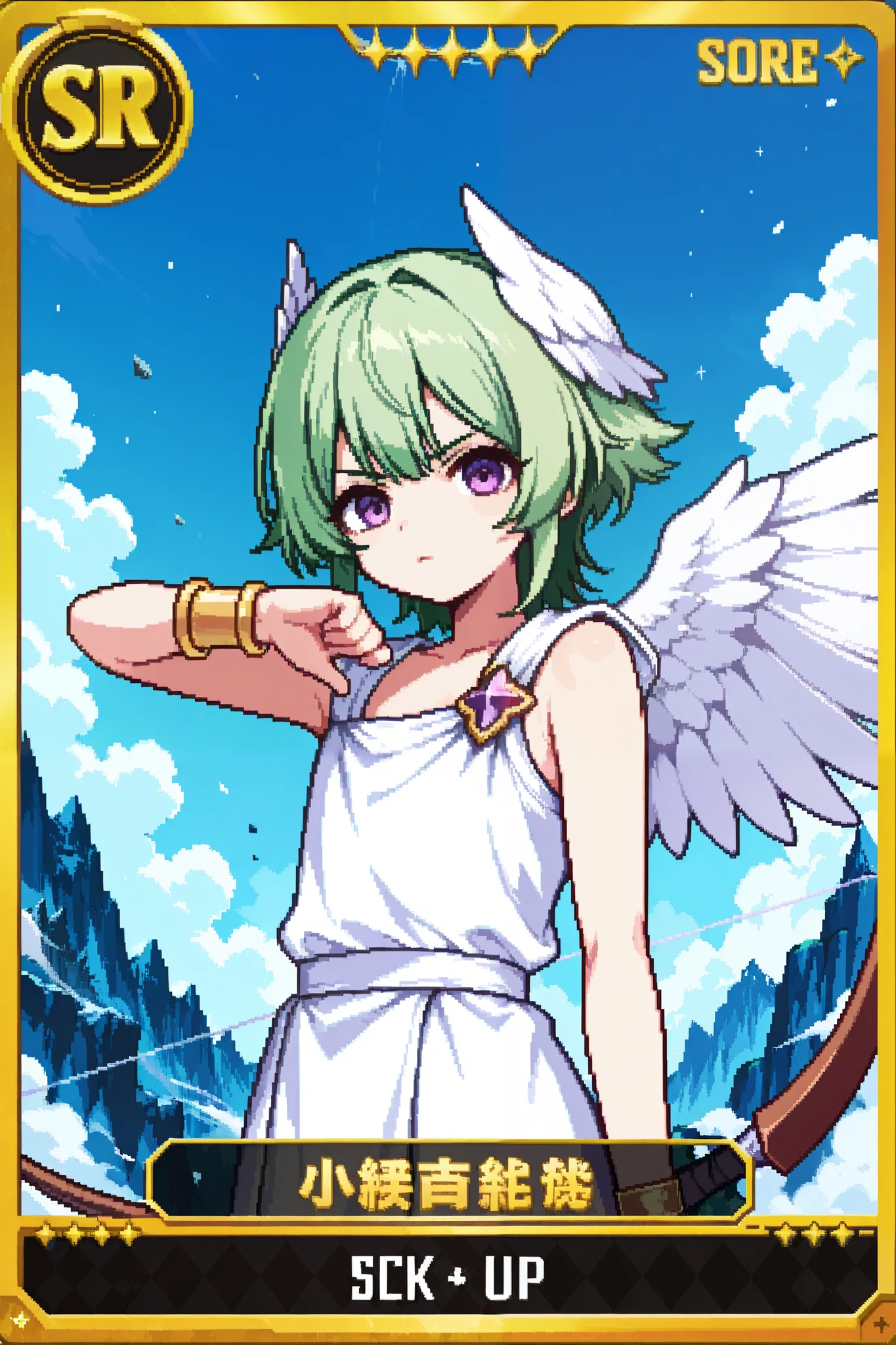 score_9, score_8_up, score_7_up, source_anime, 1girl, solo, pixel art, playingcard, elite rank icon, E, trading card, card_(medium), RPG stats, cupid, 1boy, solo, otoko_no_ko BREAK
Green hair, bangs, purple eyes, young boy BREAK
Greek clothes, white outfit, angel wings, head wings, bracelet, feathered wings BREAK
Looking at viewer, serious face, closed mouth, upper body, portrait, battle stance, looking at viewer, holding bow_(weapon), outdoors, (rocky landscape), smoke clouds, blue sky, far away mountains