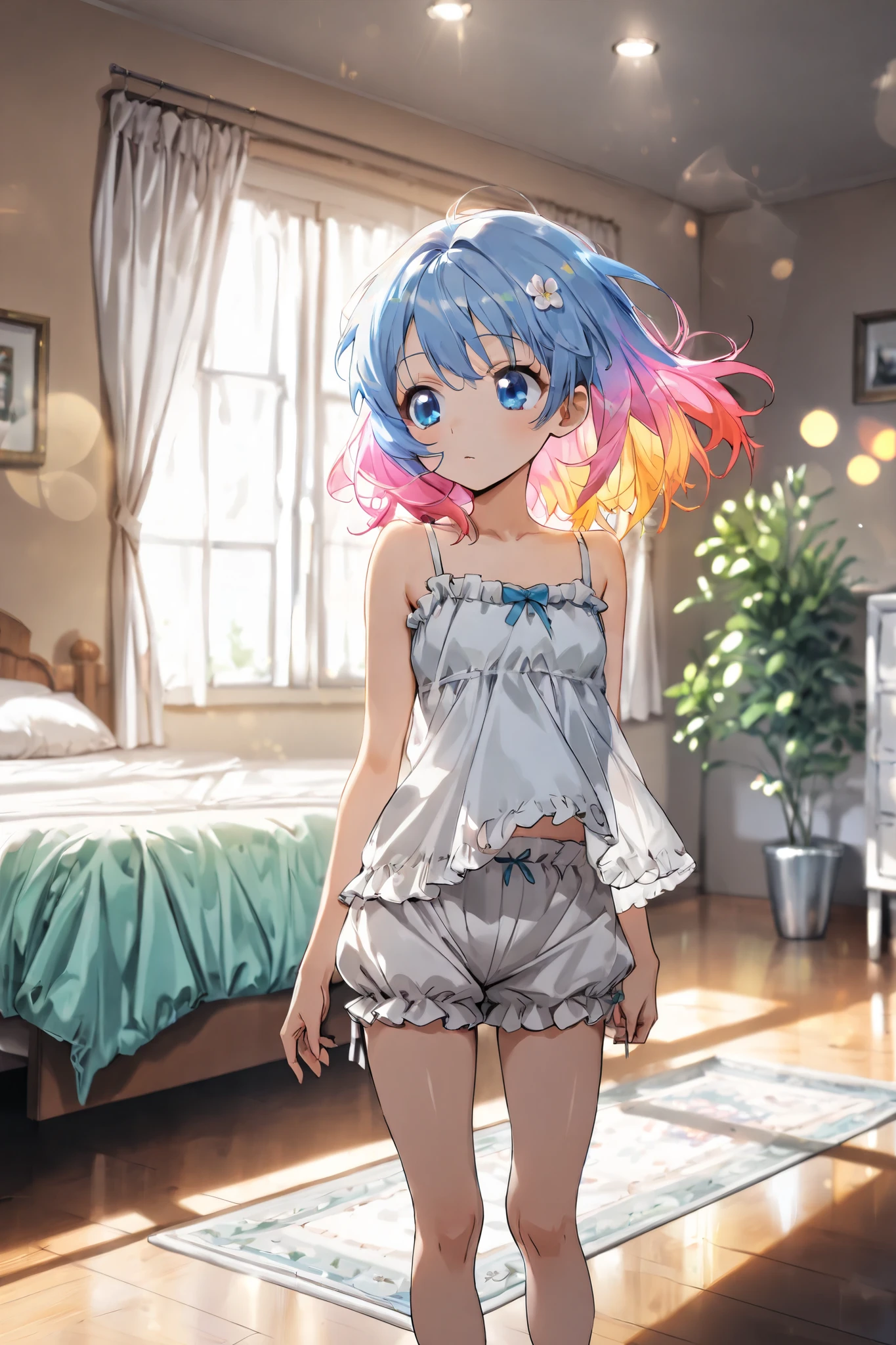 mio aikatsu, mio minato aikatsu, medium breasts, nude, peace sign, on bed, blush , shy, embarrasing, smile, 