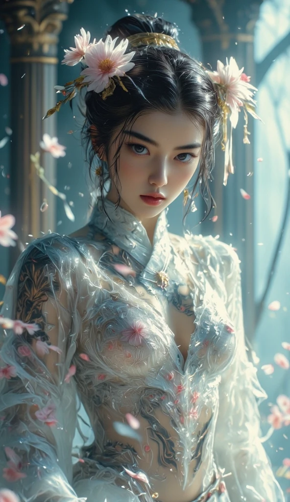 loose outfit、Show shoulders、How to wear a gown with a broken see-through halter neck、Decorated with intricate patterns and pastel colors、Transparent material that makes the skin shine、Artistic depiction of seductive woman in gown with wet thin cloth and transparent skin, Floral and fantastic pattern with flowing silky traditional see-through skin。Her dress draped elegantly around her curvaceous figure、Emphasizes her charming silhouette。She's a gentle fireworks night、Dynamic Posing、Sexy Posing、bathed in the soft glow of moonlight。The scene is、With a hint of mystery and sensuality、It exudes an ethereal dreamy atmosphere。The image style is、It incorporates a blend of watercolor and digital illustration techniques.、It makes you feel delicate beauty and charm。Soft moonlit lighting、Cast gentle highlights and shadows on her mesmerizing features。Dynamic Posing、Bold poses、The hand is somewhere、see -through、show through、A sexy、Wet hair、Wet、cherry trees、flower petals、cherryblossom、The cherry tree、Sakura blizzard、buried、Transparent skin、Wet clothes、Chest Pulling、Translucent clothes、Eau、nudde、