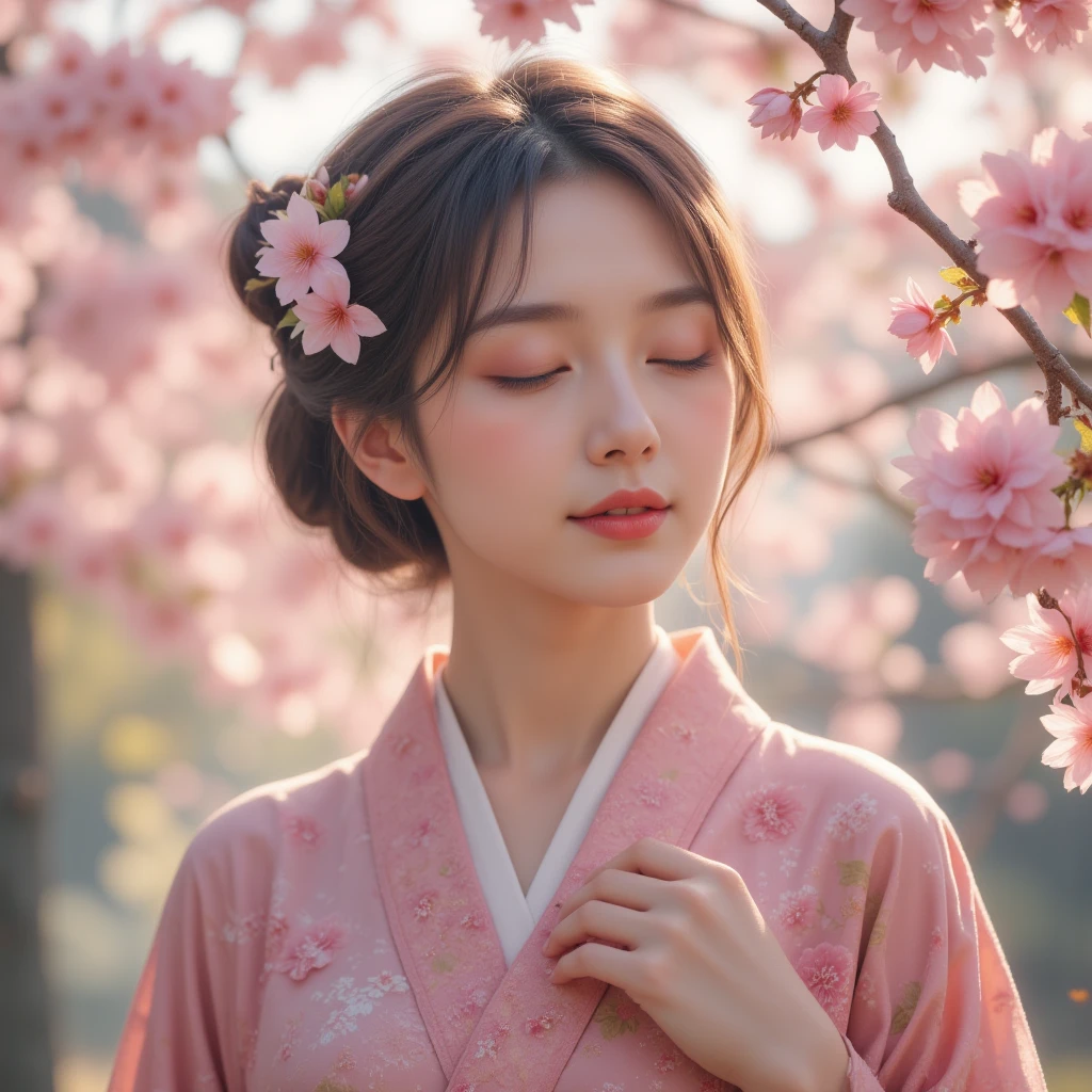 Cherry trees in full bloom、気に寄り添うCherry blossom colored kimonoのgirl、Process warm colored 、eyes closed、gentle expression 高品質,4K resolution,real,as shown in the picture,like a pro,Extreme Details ,Studio Light,bright,Bokeh,Cherry trees in full bloom,Cherry blossom colored kimono,girl,eyes closed,gentle expression, in natural light ,Spring sunshine,modest smile,graceful behavior,beautiful,Delicate skin,beautifulな人物画