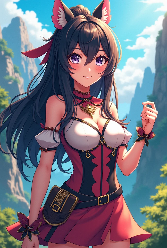 top-quality、Top image quality、masterpiece、girl with((、teen ager、cute lit Bust、big bast,Beautiful blue eyes、Breasts wide open, Dark hair、red hairs、Longhaire、A slender,Large valleys、,Black floral dress、A smile、blue scarf、Black wristband)),hiquality、Beautiful Art、Background with((Large space)))、,masutepiece、visualart、depth of fields、