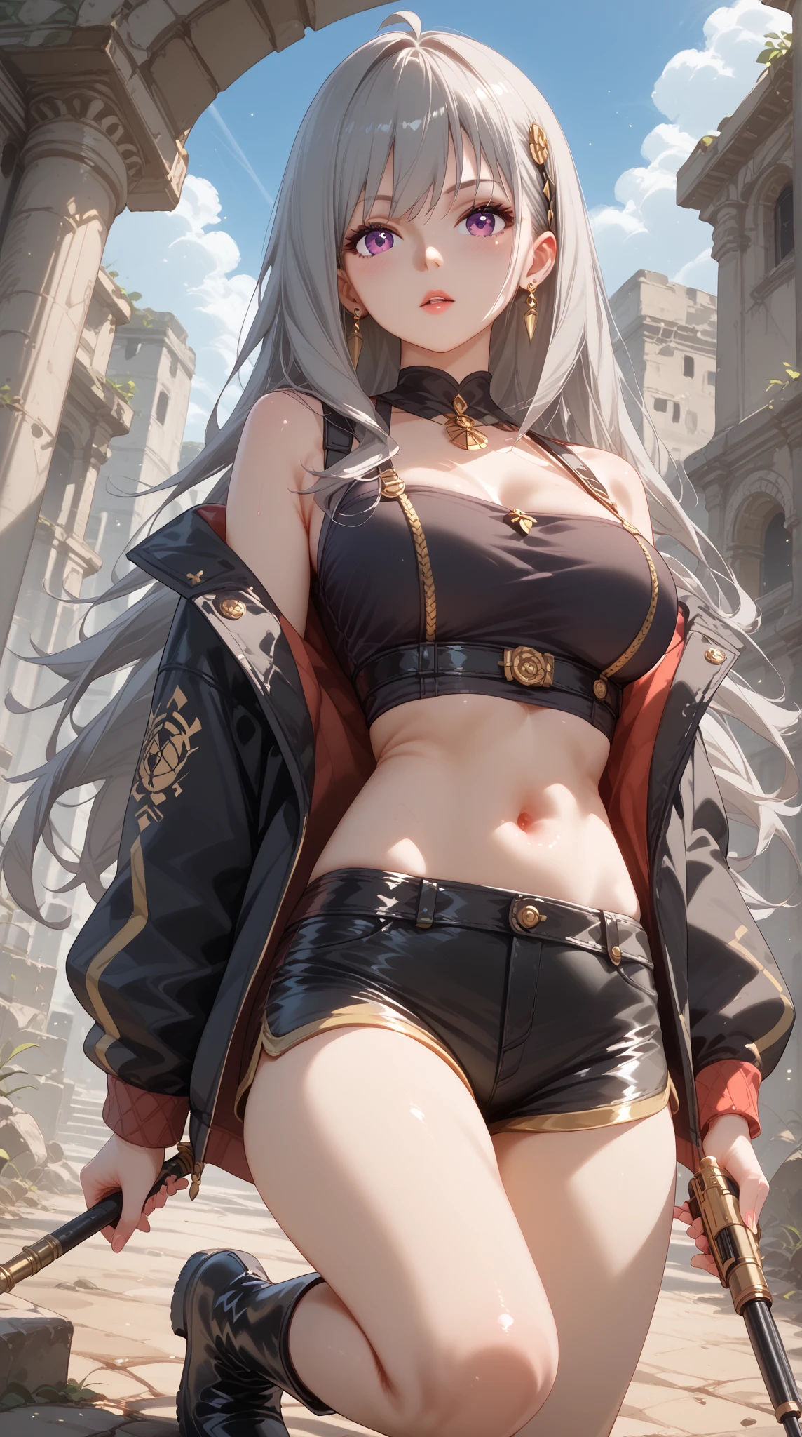 (score_9, score_8_up, score_7_up, score_6_up:1.2), (ai-generated:1.2), (Maximize Detail Slider:1.2), (Insanely Detailed:1.2), (easynegativev2:1.2), (source_anime:1.2), (very aesthetic:1.8), (add refined textures:1.8), (enhanced resolution:1.8), (Focus on textures and lighting:1.8), BREAK white hair goth female standing on street posing on castle background, castle background, castle, standing, arm up, outdoor, 1girl, white hair, long hair, white eyes, pale skin, black lips, black eyeshadow, black eyeliner, white skirt, short skirt, microskirt, thong, cameltoe, choker, spiked collar, black hoodie, long sleeves, crop top, navel, serious, emotionless, shy, shenhe from genshin impact, shenhe \(genshin_impact\), beautiful cinematic light, shallow depth of field, photographed on a Hasselblad X1D II 50c, 90mm f/2. 8 cine lens, sharp focus, cinestill 800T, (highly detailed, intricately detailed), HDR, 8k, cinematic film still from [outdoors|castle]
