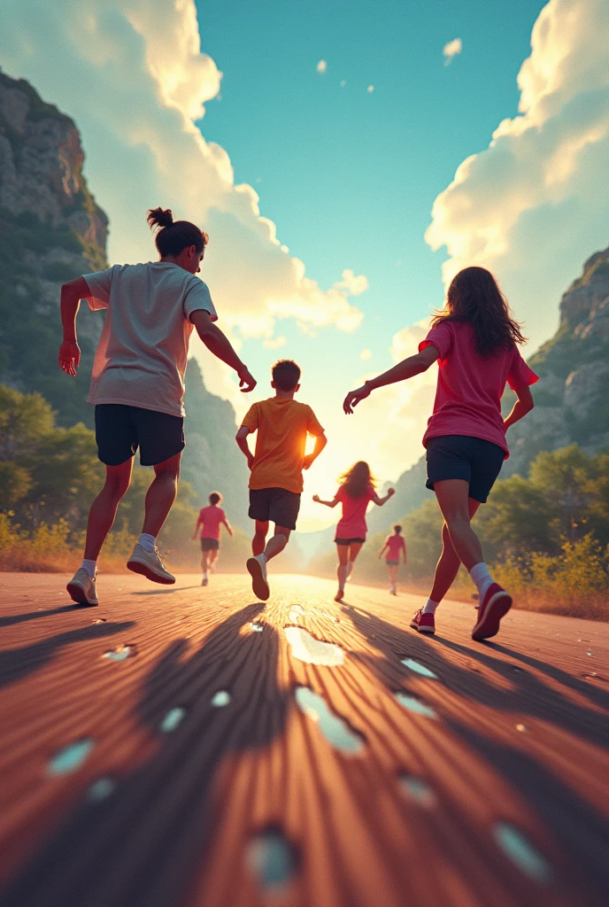 "On an open road, two people are running. The front person wears black shorts, a black T-shirt, yellow shoes, and a red cap. The second person is in a green T-shirt and blue-yellow flip-flops, holding large red and green tapes. Alongside them, Jesus, in white robes, smiles peacefully while holding a small, cute devil with tiny horns and pink ears. The road is softly lit with sunlight, with greenery on both sides. This scene is hyper-realistic, in ultra HD quality, with warm, soothing tones, similar to the uploaded image."