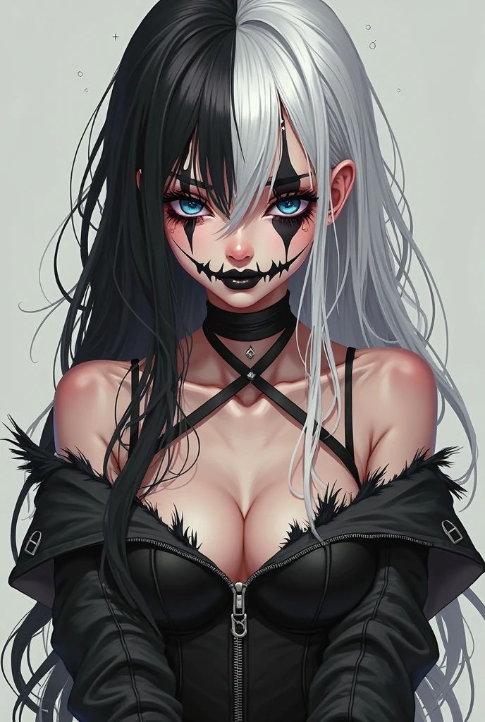 a black and white drawing of a girl with blue hair, scary detailed art in color, ripped clothing, buck teeth, kawaii colors, tattered ragged gothic dress, vomit, wearing a black!! t - shirt, techno, teenager girl, full art, opened mouth, cut