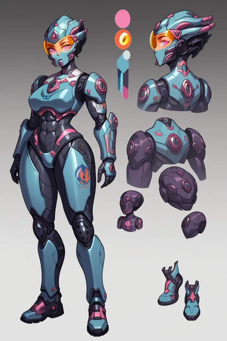 stylized style, Overwatch style female character concept, full body back and front view, robot face, shoulders sci-fi, some tubes on body