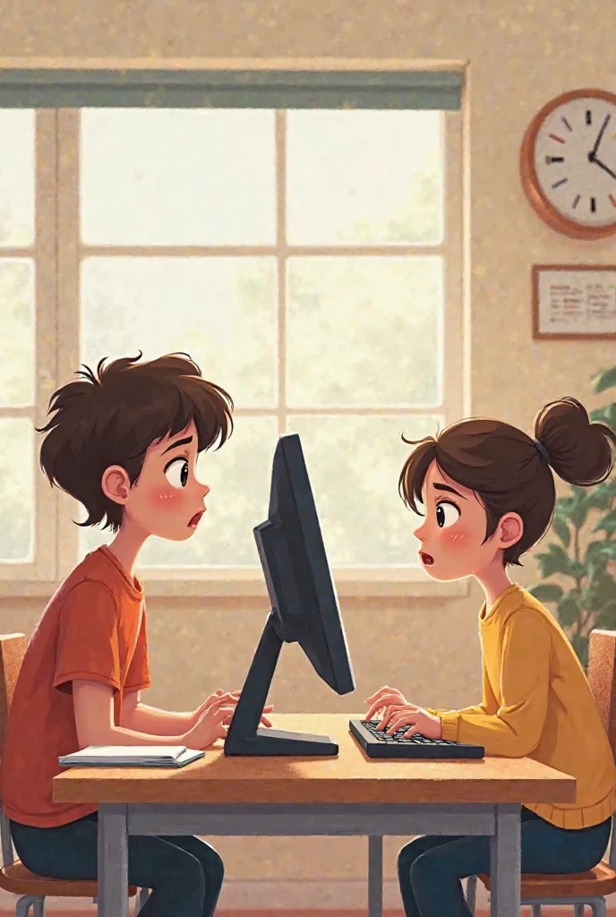 In a small office, a boy wearing glasses, a red shirt, and black pants is sitting and working at his desktop computer, which is positioned in the corner against a side wall. A girl in a long yellow dress is seated to his left hand side working at her own desktop system and loveing him with one side looking at him affectionately.