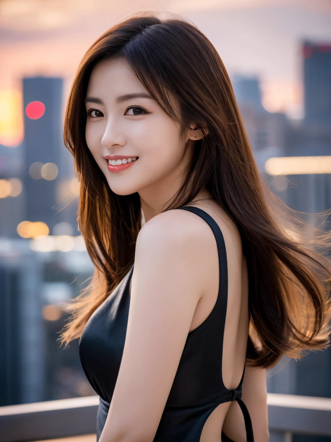 ((Angelina Sole)),((highest quality, 8K, masterpiece : 1.3)), sharp focus : 1.2, beautiful woman with perfect figure : 1.4, slim abs : 1.2, ((dark brown hair)), (Natural light, green : 1.1), Highly detailed face and skin texture, fine eyes, double eyelid、((professional makeup:1.3))、((sexy milf:1.3))、thick lips、lip gloss、eye make up、smile、((long hair)),black slim dress、Inside the museum、