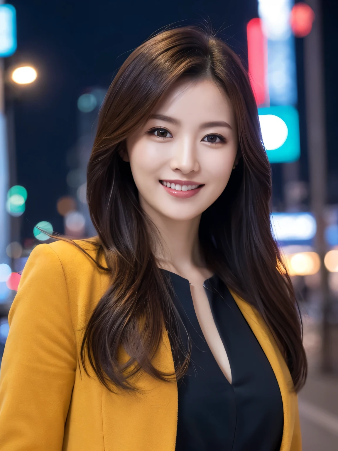 highest quality, full body, waist shot, masterpiece, dark eyebrows, ultra high resolution, realistic, very detailed, professional lighting smile, eagle nose, semi-long hair, random body orientation, background on urban city,