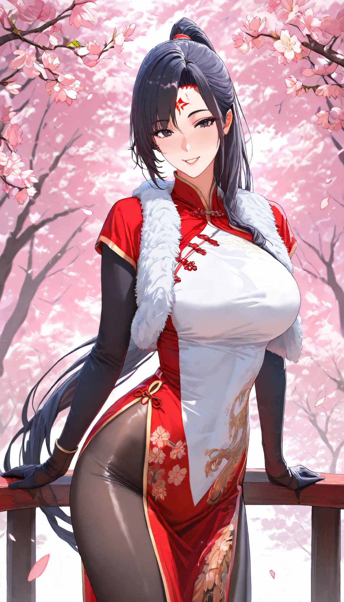 SOLO, A Female, Perfect body, (Chinese long hair,Black Hair,Single ponytail),(Black eyes),Red Forehead tattoo, Wearing A Red Taoist Robe (Cheongsam style),(Wearing Fur Vest), Black pantyhose, Black long silk gloves, In the Chinese classical garden(Cherry blossom trees),cherry blossom petals, Outdoor,Naughty face,UHD, anatomically correct, masterpiece, textured skin, high details, highres, 1080P, 16k, accurate, Beautiful face, Perfect face, Highly detailed beautiful face and eyes, Attractive face, Detailed face, Delicate facial features, Detailed skin,Cowboy shot,Look at the view,(((hbig bosom)))