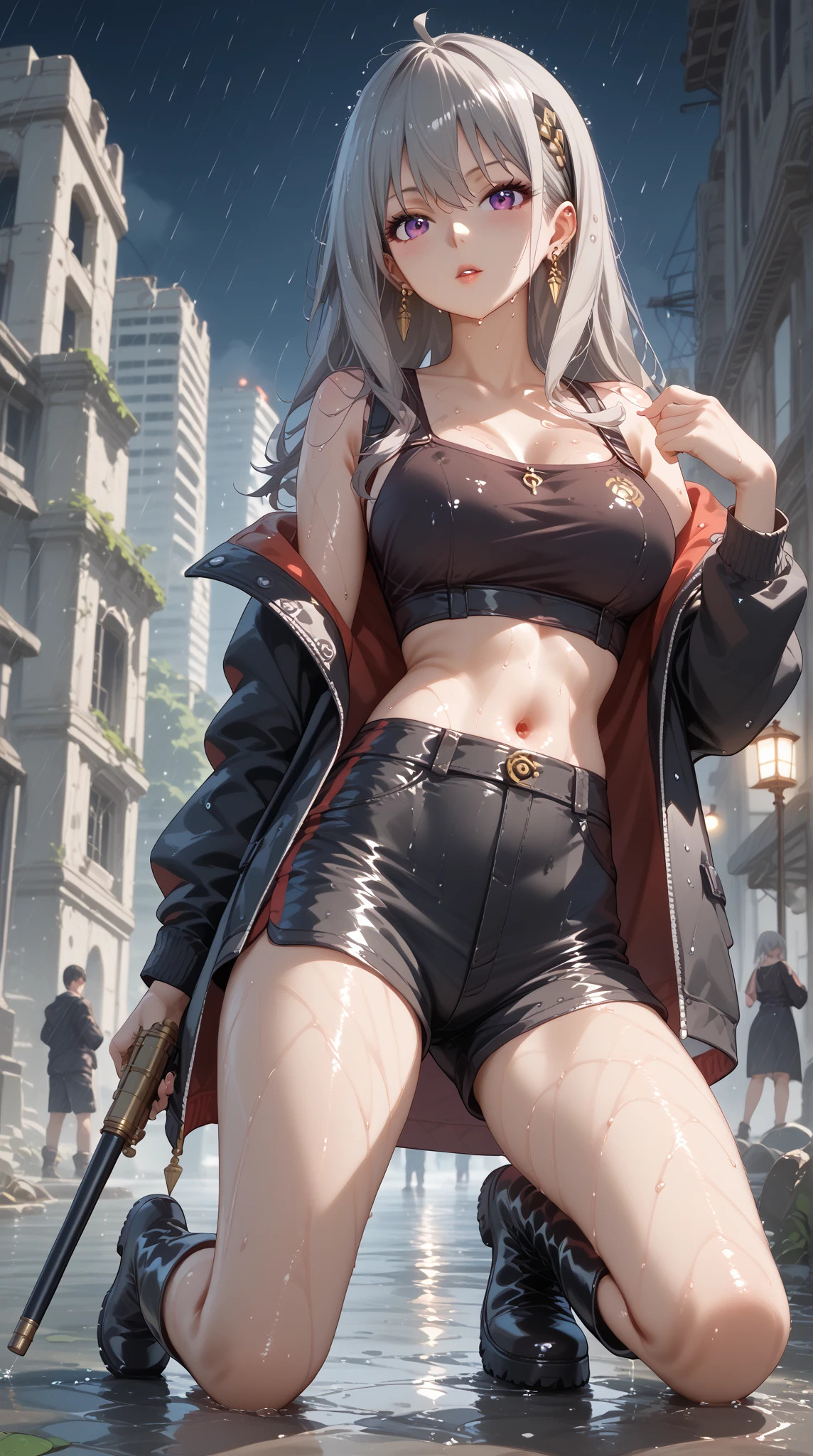 1 female,36 years old,MILF,Mature,Big breasts,Big breasts and thin waist,thin legs,long legs,plump and sexy,exposure, solo,(background with:bamboo forest,club) She has long silver-grey hair,stand up,Sweating,Soaked all over,View from the front, straight hair, The sky is mainly cloudy,(((masterpiece),(Very detailed CG unified 8k wallpaper),best quality,movie lighting,detailed background,Beautiful and delicate eyes,bright pupils,(Very delicate and beautiful),(Beautiful and detailed eye descriptions),blue eyes,red lips,Super detailed,masterpiece,)),face camera,high resolution,Super detailed),violent house,exposed genitals, convex,legs are open,sexy pose,camel toe,face,Smile,street frontage,(wear:Red baseball jacket,Black collar,Sexy denim shorts,sports shoes)