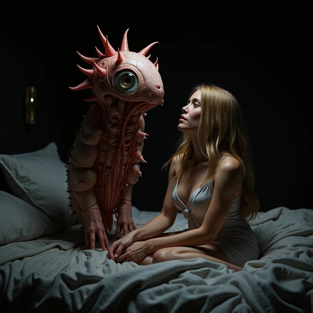 (masterpiece, 8K, UHD, RAW), A sexy Ginger haired girl kissing an evil alien on a bed, (((a beautiful young woman riding on top of one huge horrific alien))), (she rides the male alien with lustful femininity), her beautiful body is covered by a sheer translucent white lace bra with Art Nouveau embroidery, big sexy perky breasts, her pristine delicate features contrasts with the horrendous menacing fangs of the corrupted male alien, full body vibrant illustrations, intricately sculpted, realistic hyper-detailed portraits, queencore, depicts real life, the scene happens in a luxurious Art Nouveau boudoir with studio illumination,cream and teal silk satin,