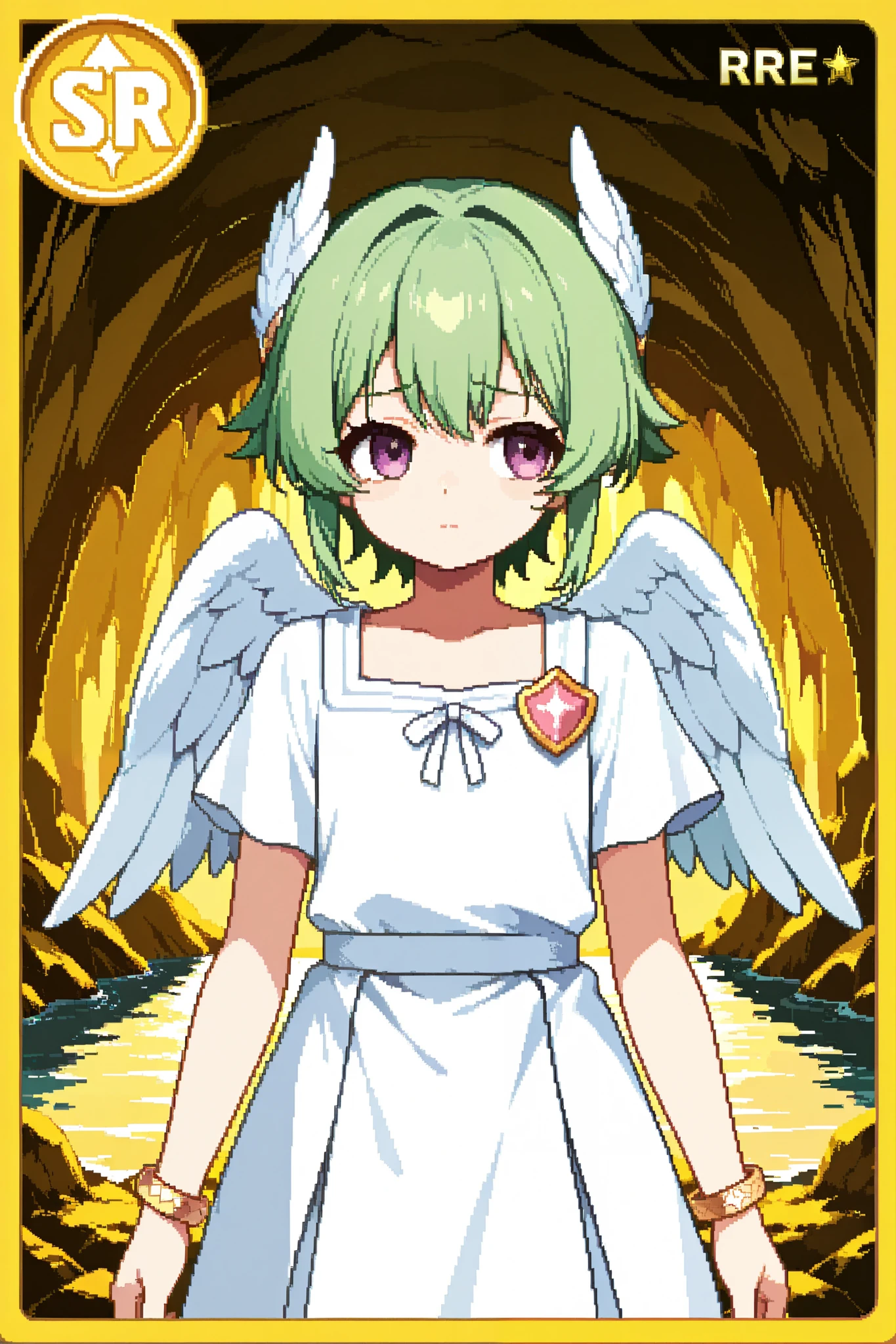 score_9, score_8_up, score_7_up, source_anime, 1girl, solo, pixel art, playingcard, elite rank icon, E, trading card, card_(medium), RPG stats, cupid, 1boy, solo, otoko_no_ko BREAK
Green hair, bangs, purple eyes, young boy BREAK
Greek clothes, white outfit, angel wings, head wings, bracelet, feathered wings BREAK
Looking at viewer, sad face, closed mouth, upper body, portrait, walking, looking away, cave interior, lake, (yellow cave)