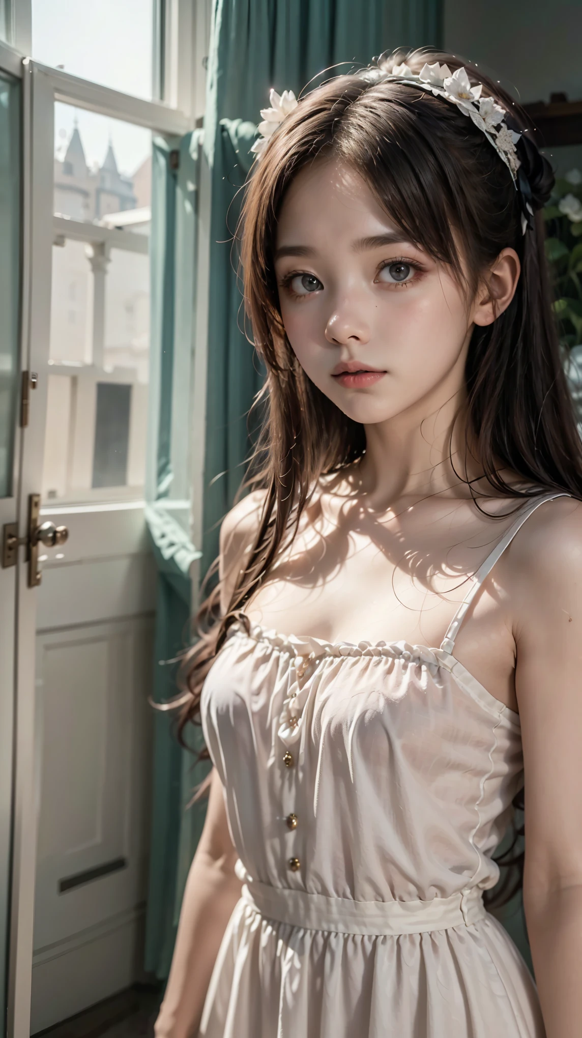 Sweet girl clothes4,strapless dress,jewelry,, ((knee shot)), Shot from a random perspective, 22-year-old Asian model, slim, Slimming the waist, curlies, high-waist, warm lights, Warm tones Slender legs, Cross ed leg, In the hallway, leaning against the railing, warm lights, a warm color palette, Dynamic pose, posing elegantly, blonde hair, streaked hair, hair ornament, heart-shaped pupils, makeup, light smile, shy, licking lips, Romanticism, Social realism, chiaroscuro, motion blur, anaglyph, Sony FE , UHD, masterpiece, textured skin, super detail, best quality