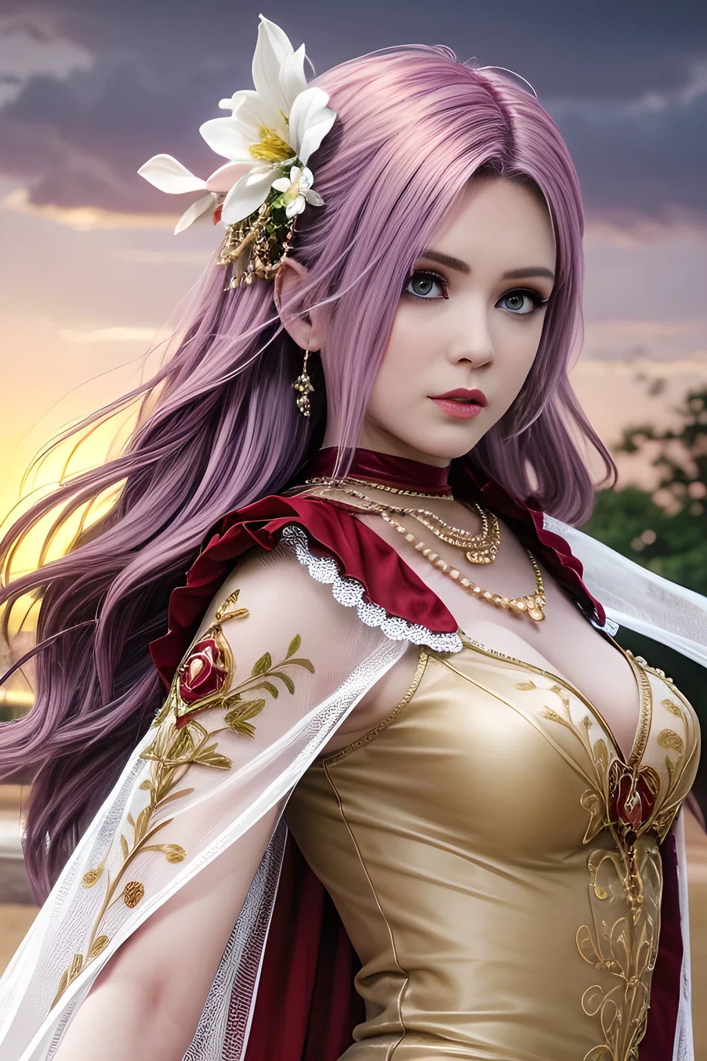 A beautiful woman with long hair styled elegantly, wearing a detailed white lace bodysuit and a luxurious red cape with gold trim. She has a regal and enchanting appearance, adorned with a delicate red gemstone necklace. The background features a countryside landscape with blooming flowers and a warm sunset glow. Ultra-detailed, fantasy-themed, high-quality, cinematic lighting, realistic textures, intricate embroidery.