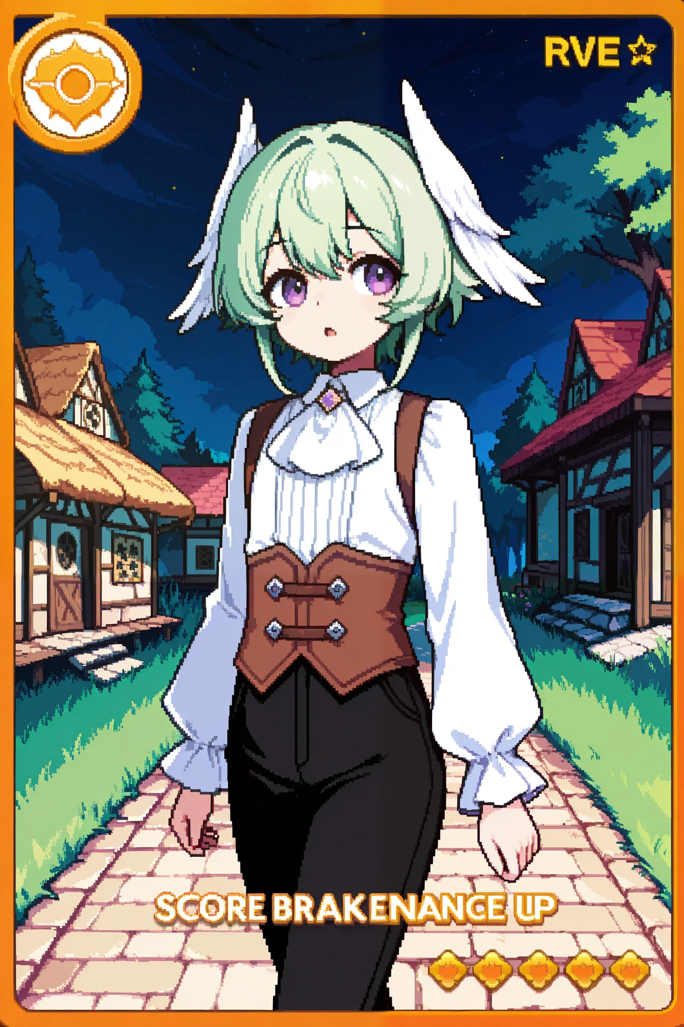 score_9, score_8_up, score_7_up, source_anime, 1girl, solo, pixel art, playingcard, elite rank icon, E, trading card, card_(medium), RPG stats, head wings, white wings, 1boy, solo, otoko_no_ko BREAK
Green hair, bangs, purple eyes, young boy BREAK
Renaissance clothes, white shirt, collared shirt, long sleeves, black pants BREAK
Looking at viewer, curious face, open mouth, upper body, portrait, walking, looking away, outdoors, (village town), trees, grass, night sky BREAK