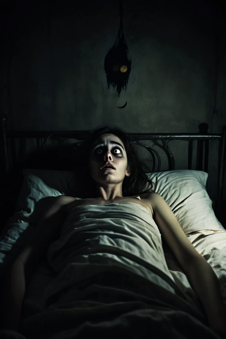 Create me a horror pic of female ghost with scary face in the dark hotel room at night (in the room is dark)