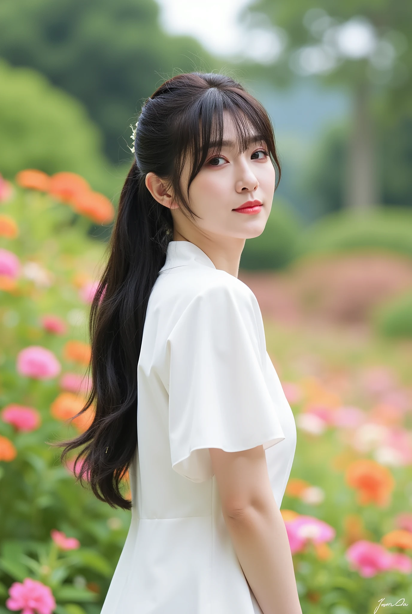 Create a stunning portrait of a beautiful Japanese actress with porcelain skin and tousled, long black hair. She is wearing a flowing pure white dress, standing in a vibrant flower garden with a radiant smile. The scene is illuminated with cinematic lighting, enhancing the ethereal quality of the moment.