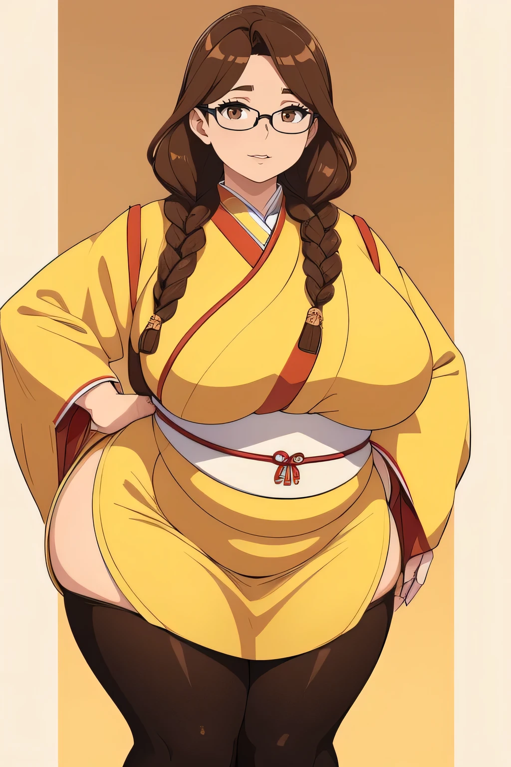(masterpiece, best quality:1.2), cowboy shot, solo, 1girl, wang liu mei, smile, looking at viewer, twin braids, china dress, black pantyhose, ((double chin)), fat hips, (obesity:1.4), ((fat folds)), ((chubby, fat arms)), (fat rolls, wide belly:1.2), (elbow gloves:1.1) (((glasses:0.9))), ((tsundere)), beautiful, ((round eyewear:0.9))